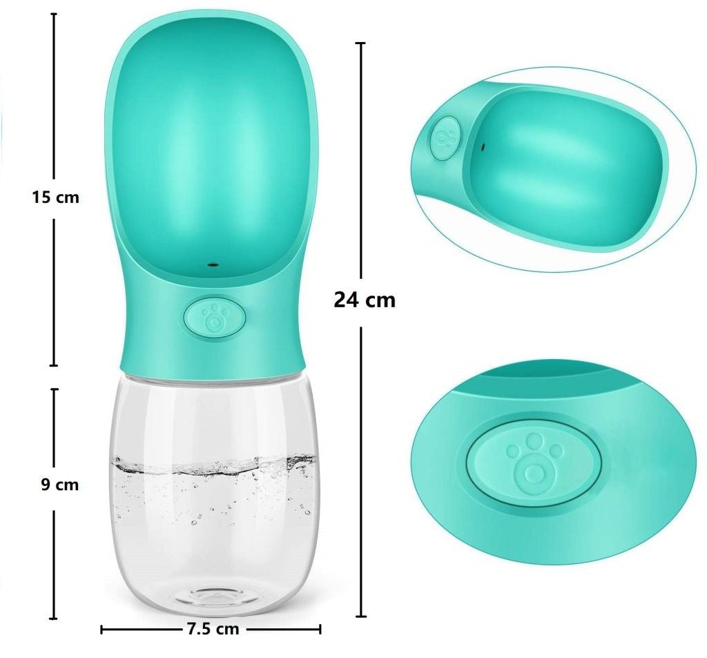 Teal pet water bottle with measurements on a white background