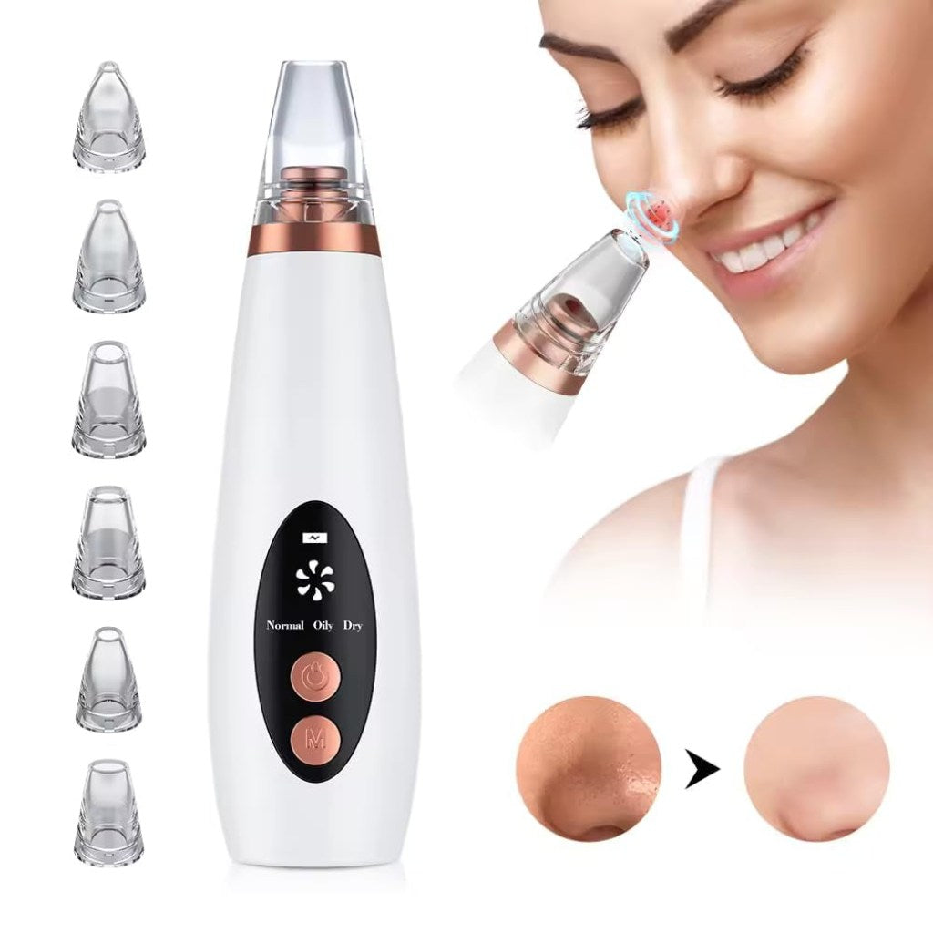 Beauty device with attachments and a woman using it on her face, showing before and after effects.