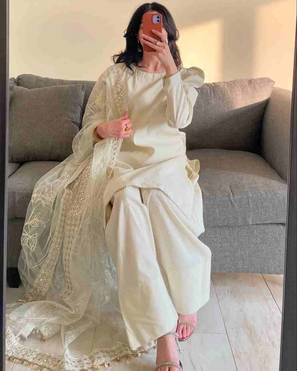 Designer Party Wear Top with Farshi Salwar and Embroidered Dupatta