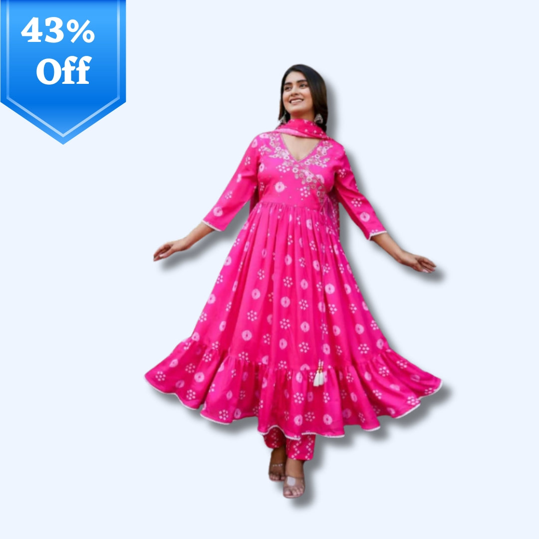 Baby Pink Color Rayon Anarkali Kurti with Pant and Dupatta