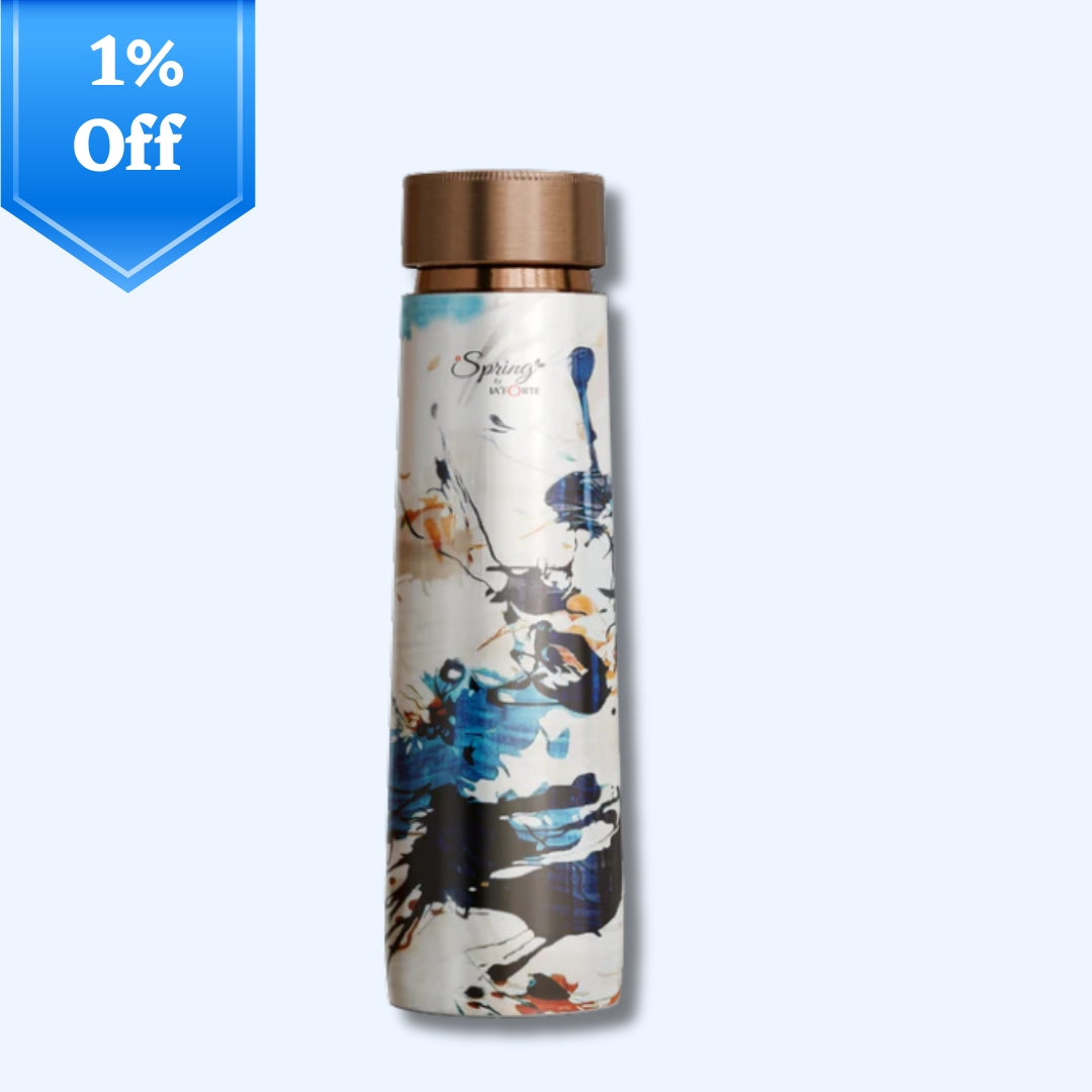 Pure Copper Elegant 1000 ml Premium Coated Water Bottles (White Abstract, 1000 Ml)