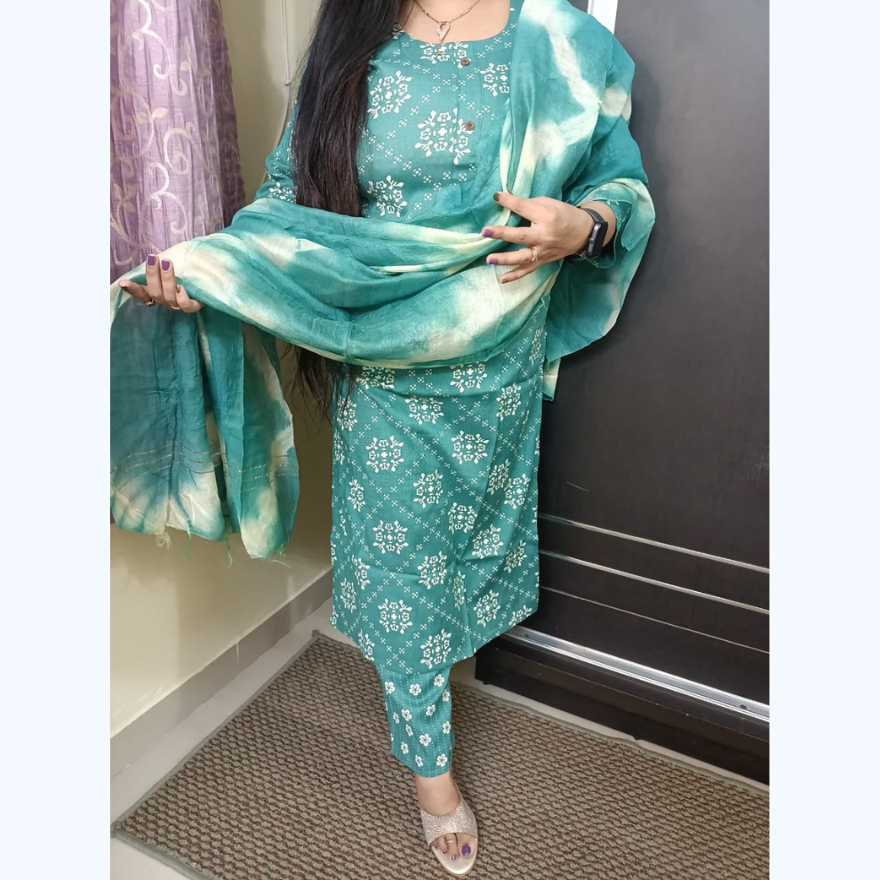 Two tone straight kurti pant set with fine shade dupatta
