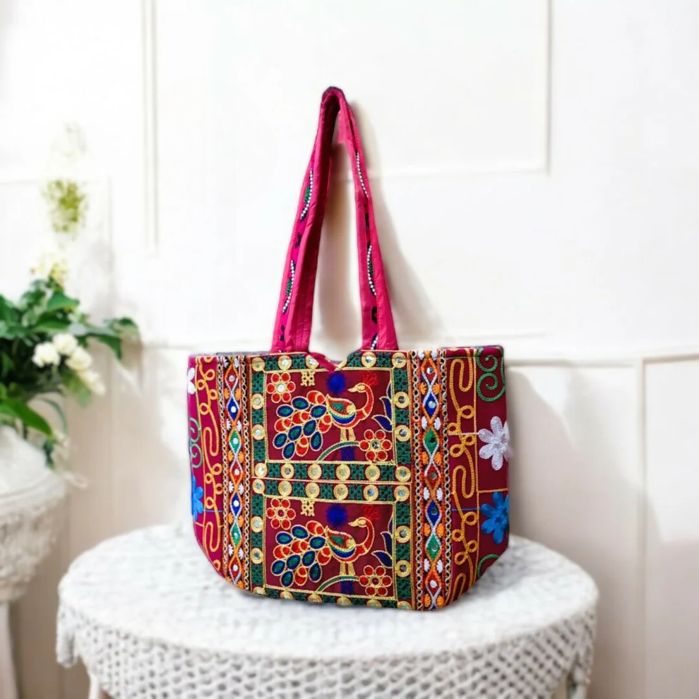 NAKASA Women's Rajasthani Handmade Peacock Embroidery Regular Red Tote Bag