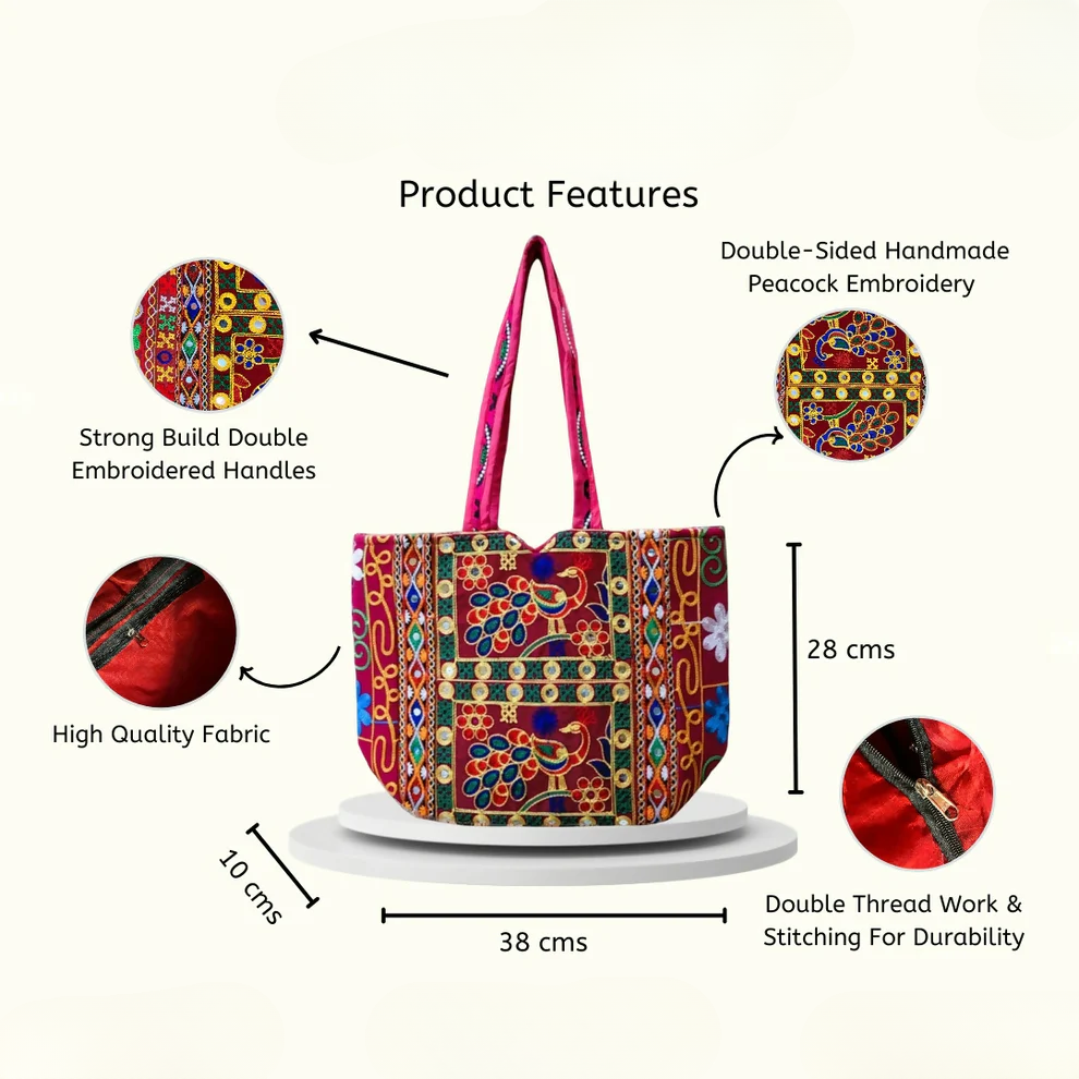 NAKASA Women's Rajasthani Handmade Peacock Embroidery Regular Red Tote Bag