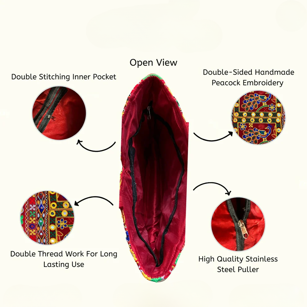 NAKASA Women's Rajasthani Handmade Peacock Embroidery Regular Red Tote Bag