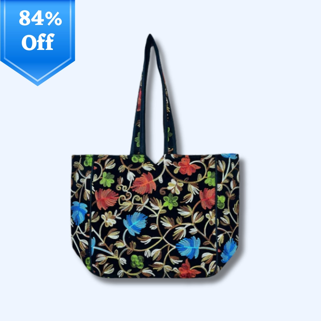 NAKASA Women's Kashmiri Handmade Flower Embroidery Regular Black Tote Bag