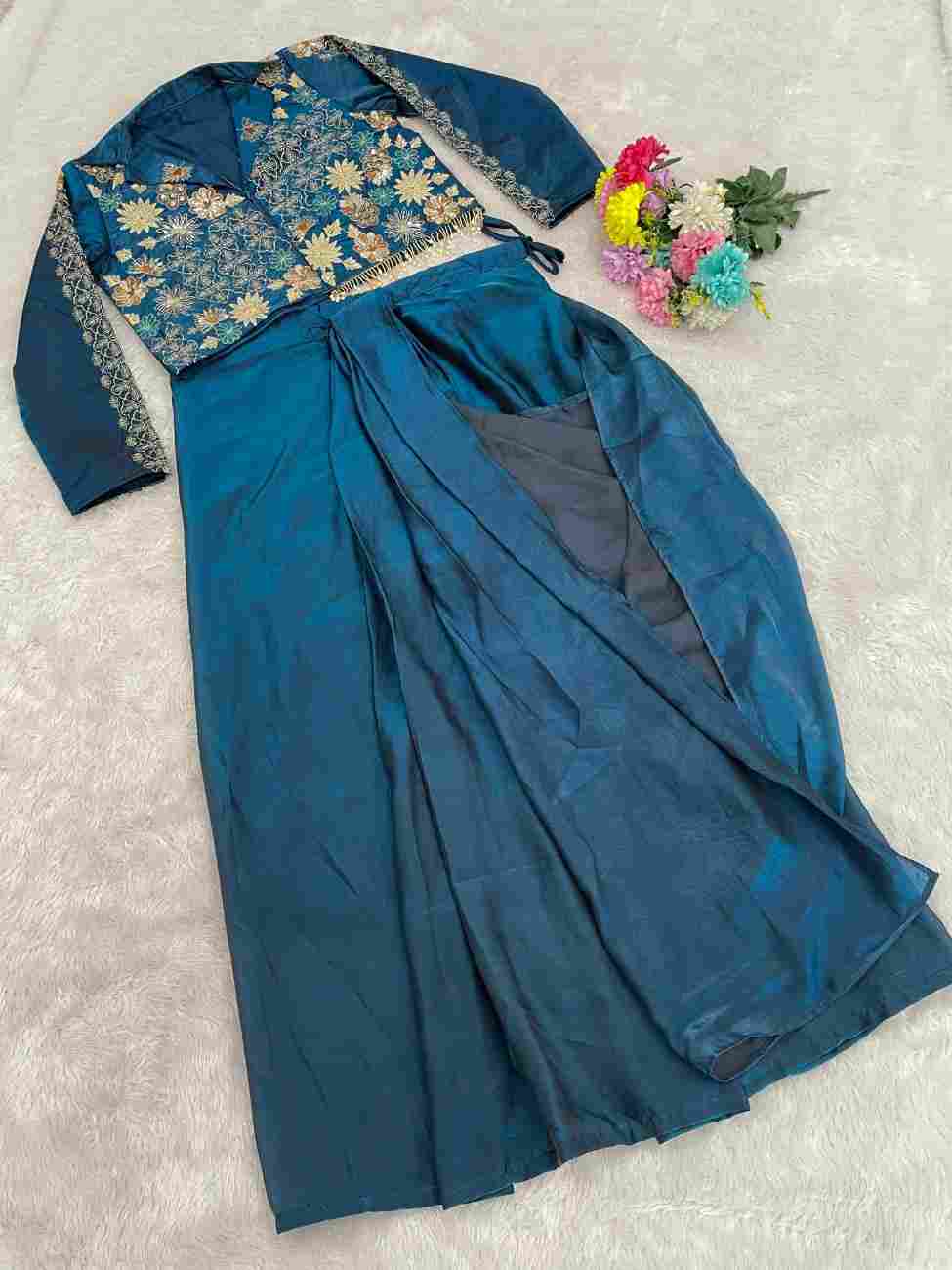 Festive blue western dhoti set with sequin work