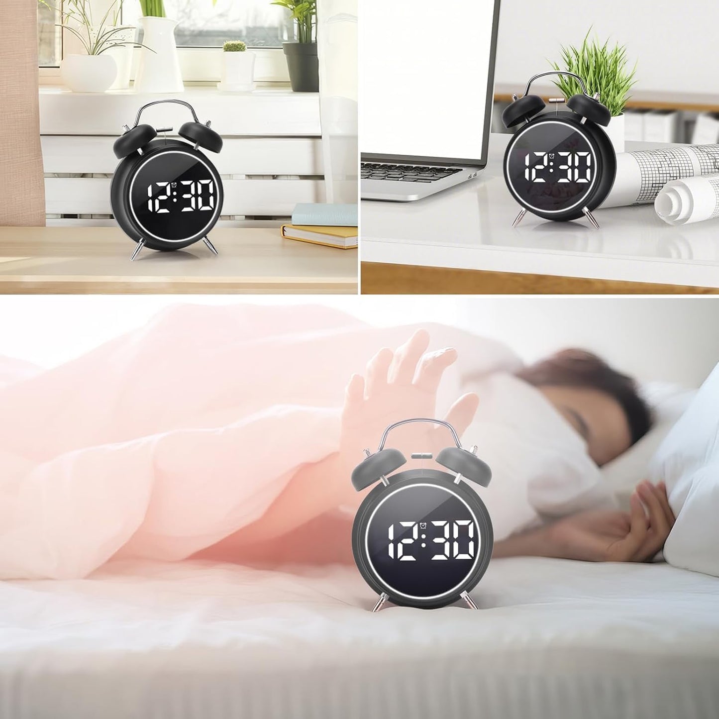 Alarm Clock Rechargable Digital Alarm Clock, Twin Bell, Night Light, Easy To Set, Very Loud For Teens And Senior Citizens Bedside Clock (Black)