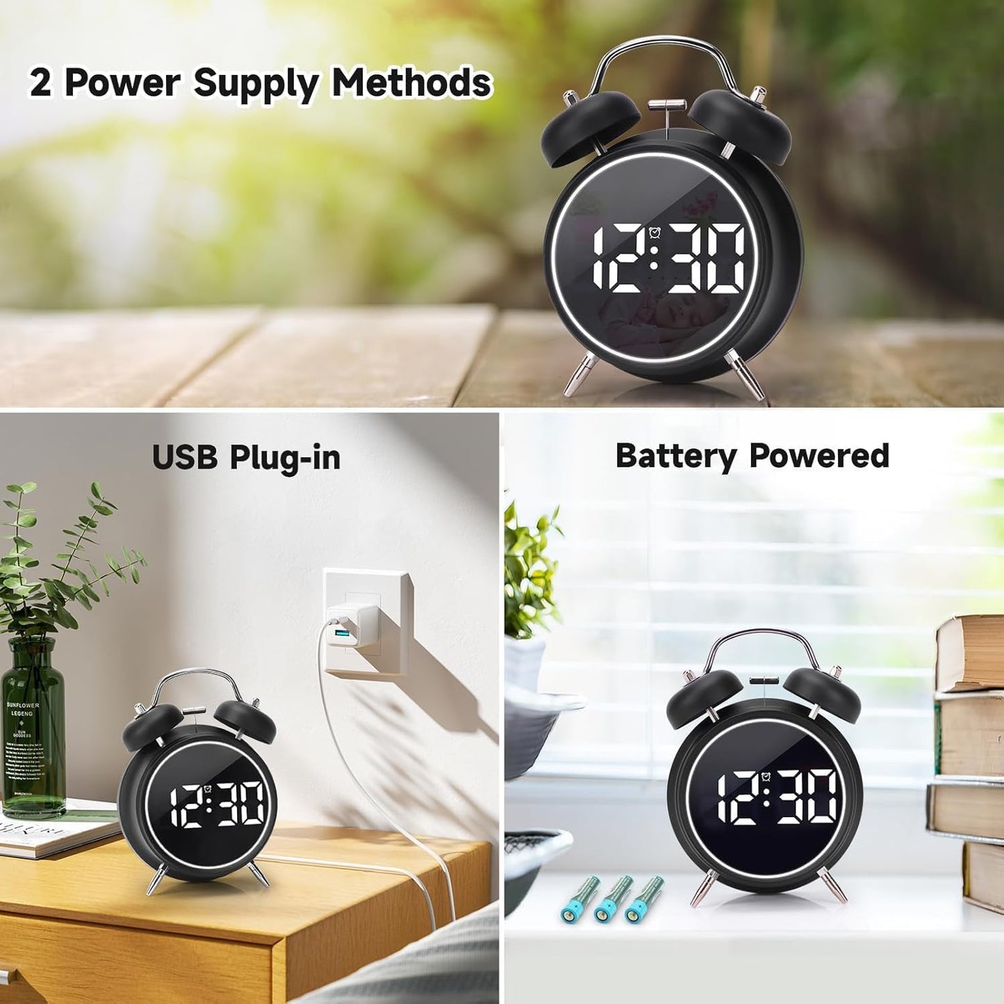 Alarm Clock Rechargable Digital Alarm Clock, Twin Bell, Night Light, Easy To Set, Very Loud For Teens And Senior Citizens Bedside Clock (Black)