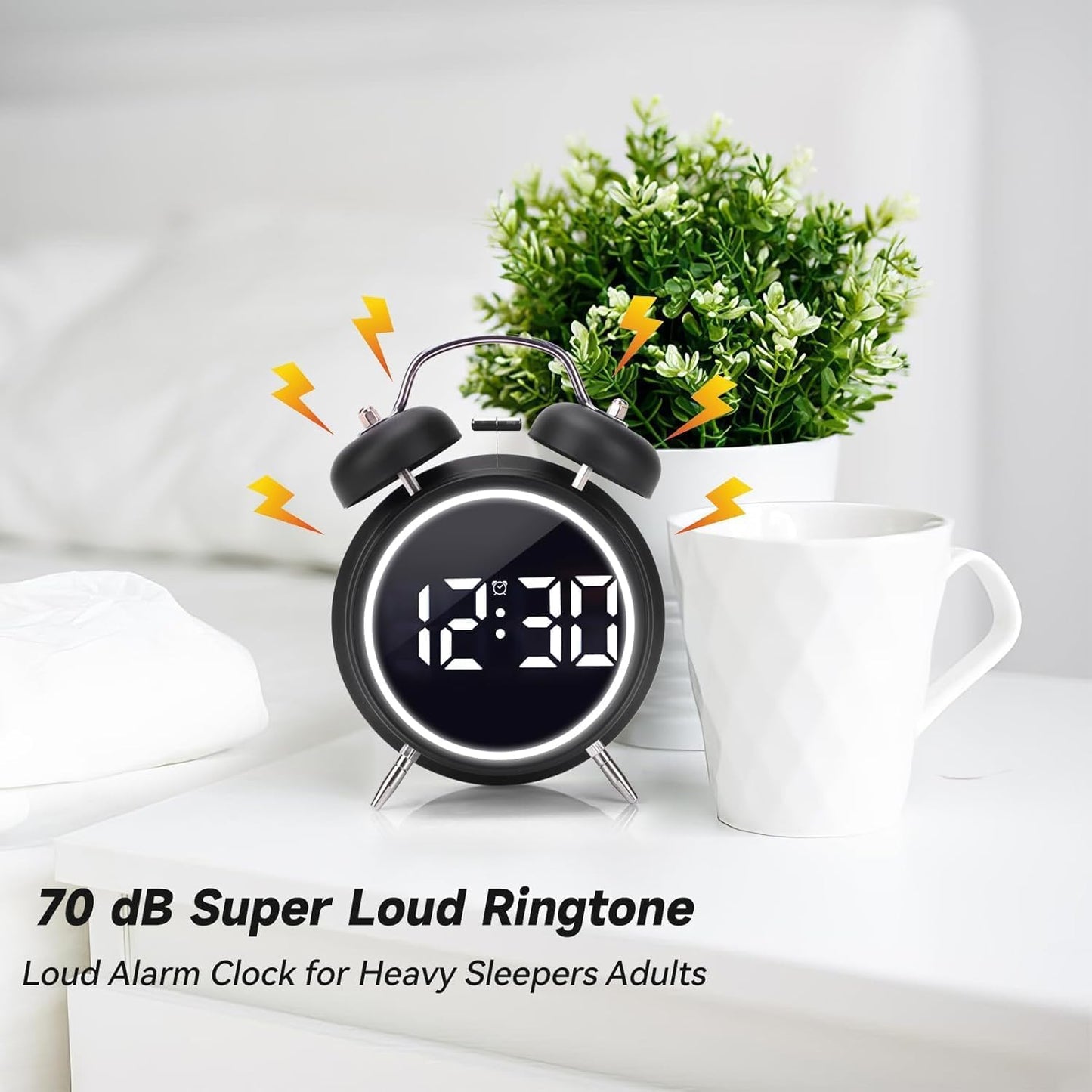Alarm Clock Rechargable Digital Alarm Clock, Twin Bell, Night Light, Easy To Set, Very Loud For Teens And Senior Citizens Bedside Clock (Black)
