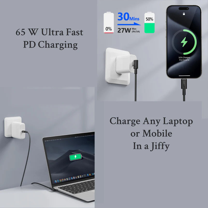 Flixx USB-C to USB-C Cable with L-Shaped Connector, 1.5 Meter, 65 W 3A Current, Super Fast Charging & High-Speed Data Transfer