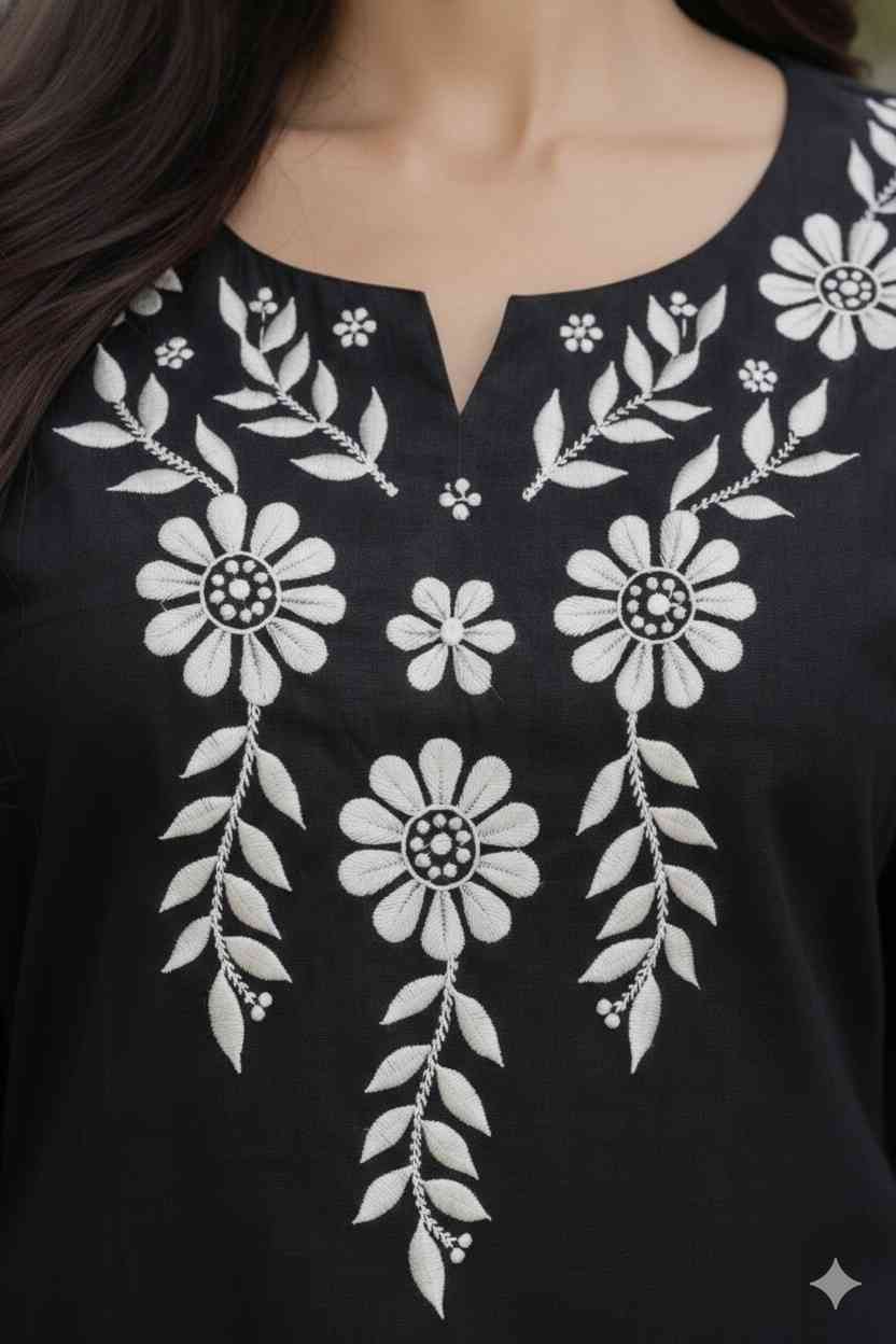 Women ethnic cotton short kurta close up embroidery