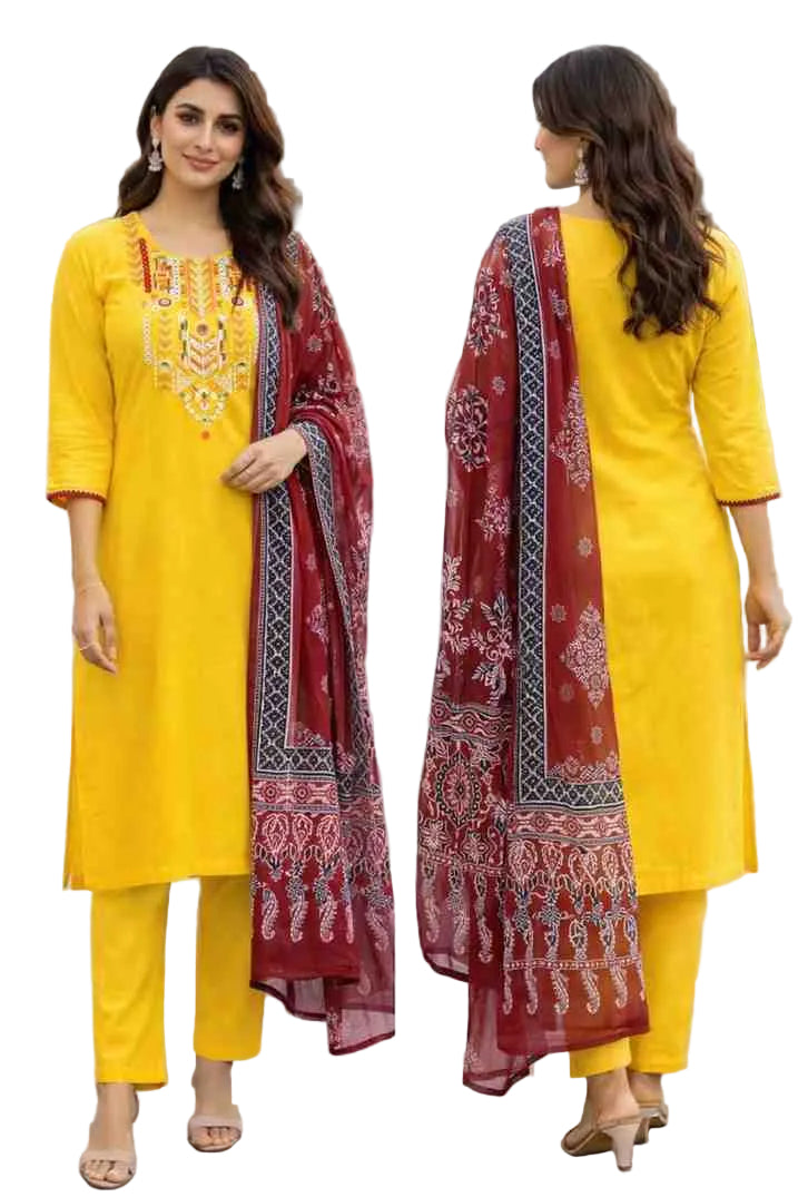 Elegant Yellow Kurta Pant Set with Embroidered Neckline & Dupatta - indiya Se