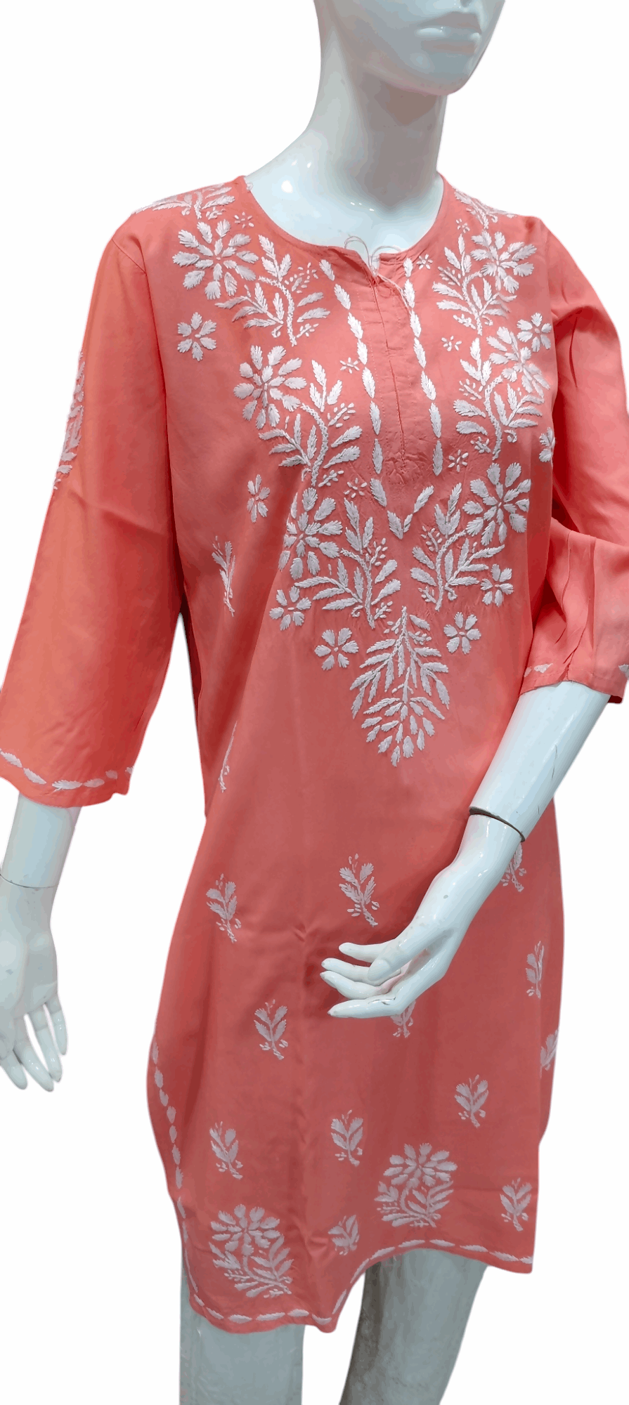 Peach Rayon Chikankari Embroidered Kurta for Women