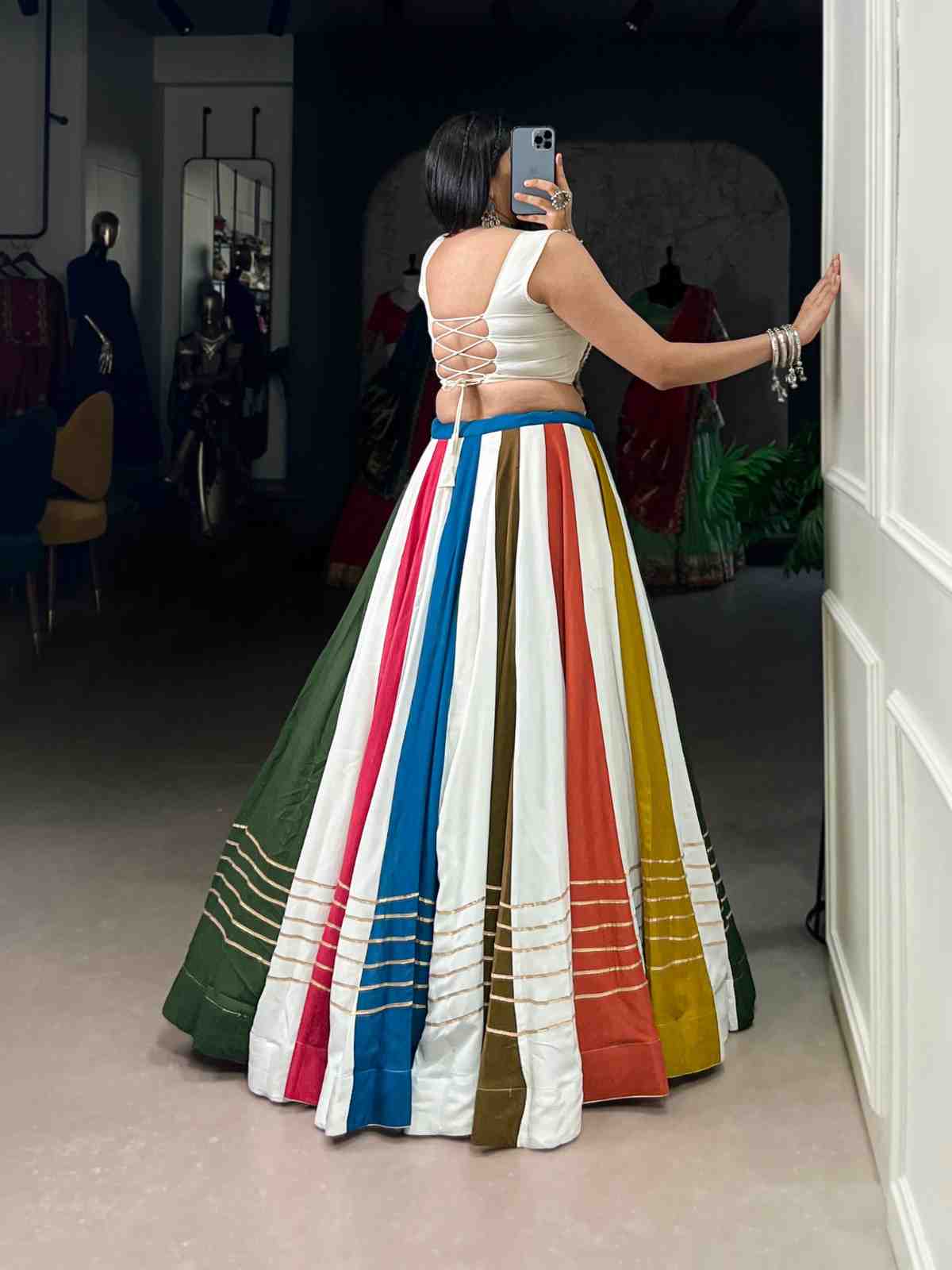 Gamthi Mirror Work Lehenga Choli in Pure Rayon – Stitched Set