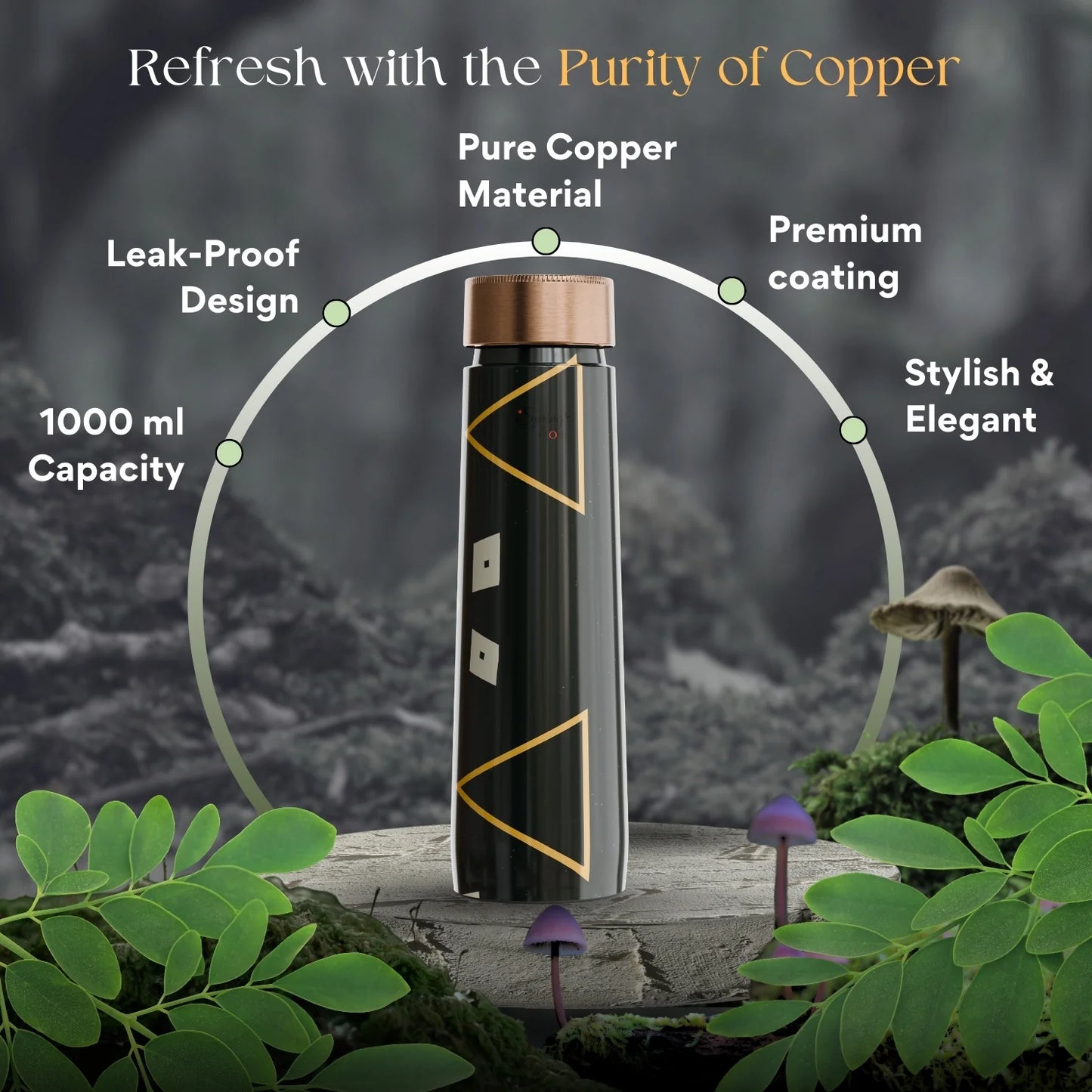 Pure Copper Elegant 1000 ml Premium Coated Water Bottles (Black, 1000 Ml)