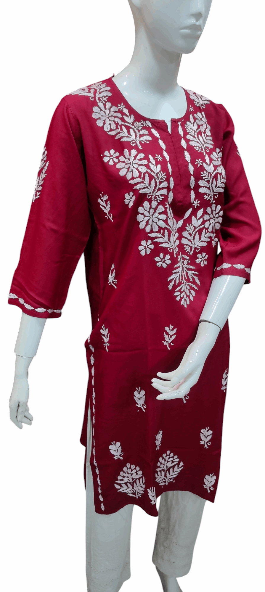 Red Rayon Chikankari Embroidered Kurta for Women