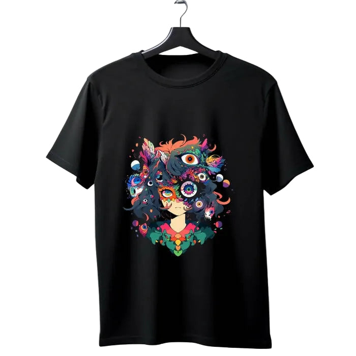 Black t-shirt with a colorful graphic design of a face on a hanger against a white background
