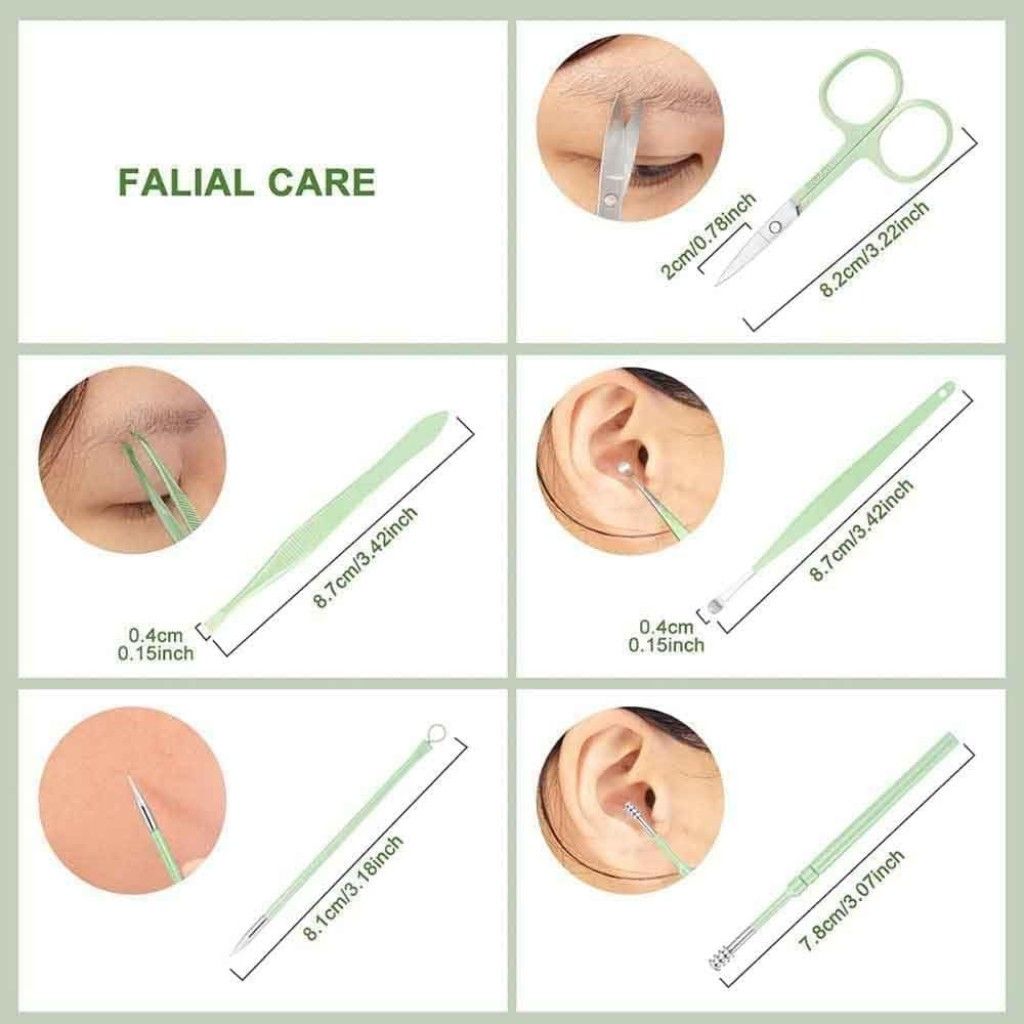 Falial care tools with measurements and usage examples on a green background