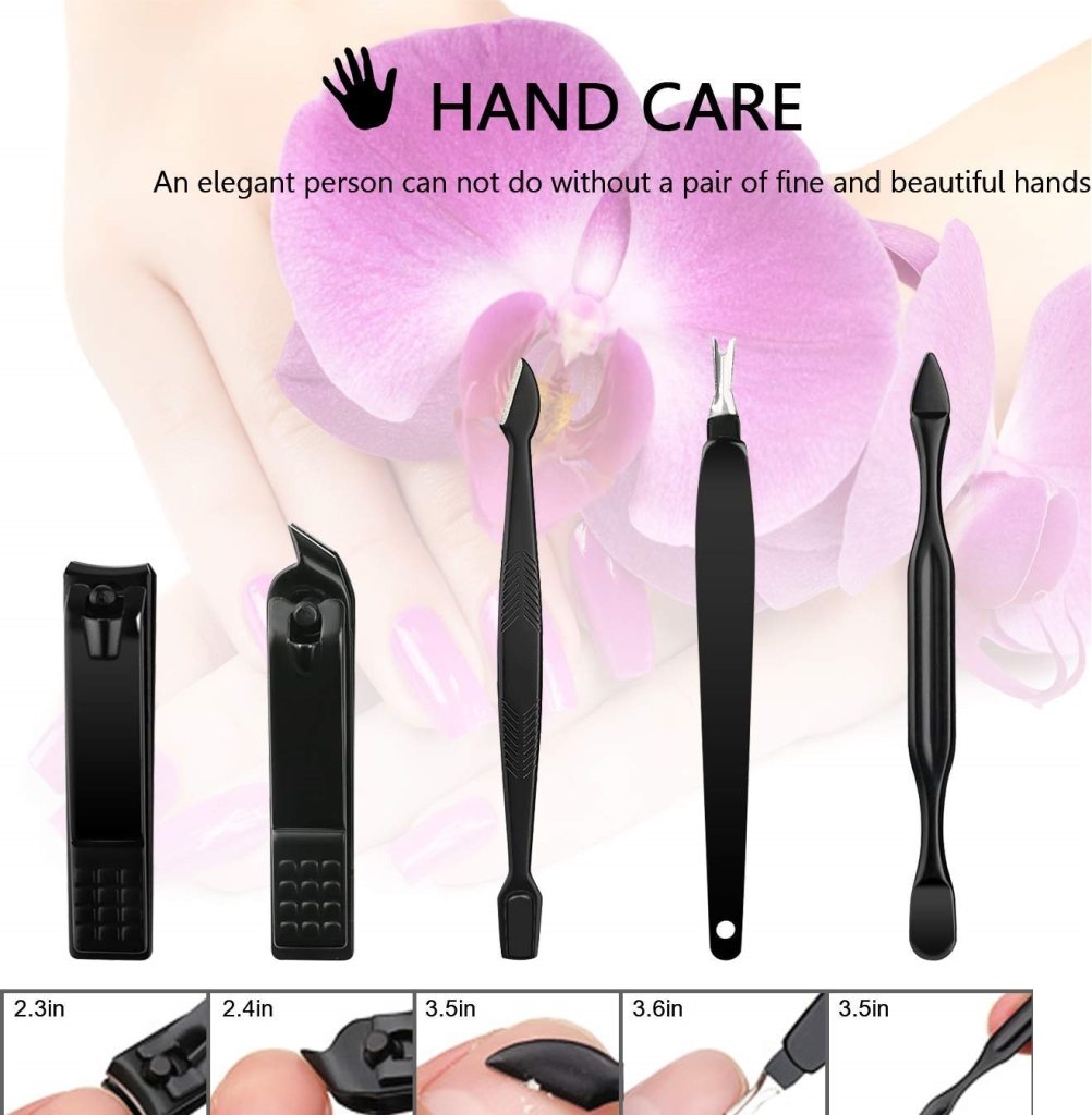 Hand care tools with a focus on nail care against a soft floral background.