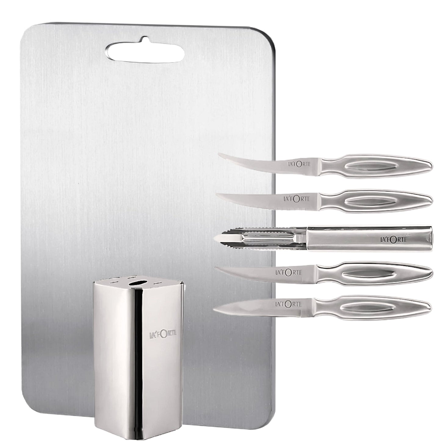 LA' FORTE Premium Combo - 5-Piece Metal Knife Set with Metal Block & Stainless Steel Chopping Board (31 cm x 20.5 cm)