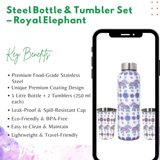 LA' FORTE Premium Stainless Steel Bottle & 02 Tumbler Set ( Water Bottle X 1000 ml ; 02 Glasses X 250 ml each)
