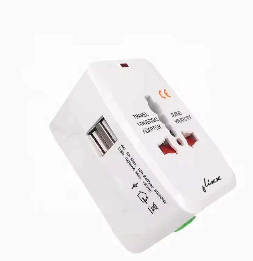 Flixx Universal Travel Adapter with Dual USB Ports | Worldwide Compatibility & Surge Protection