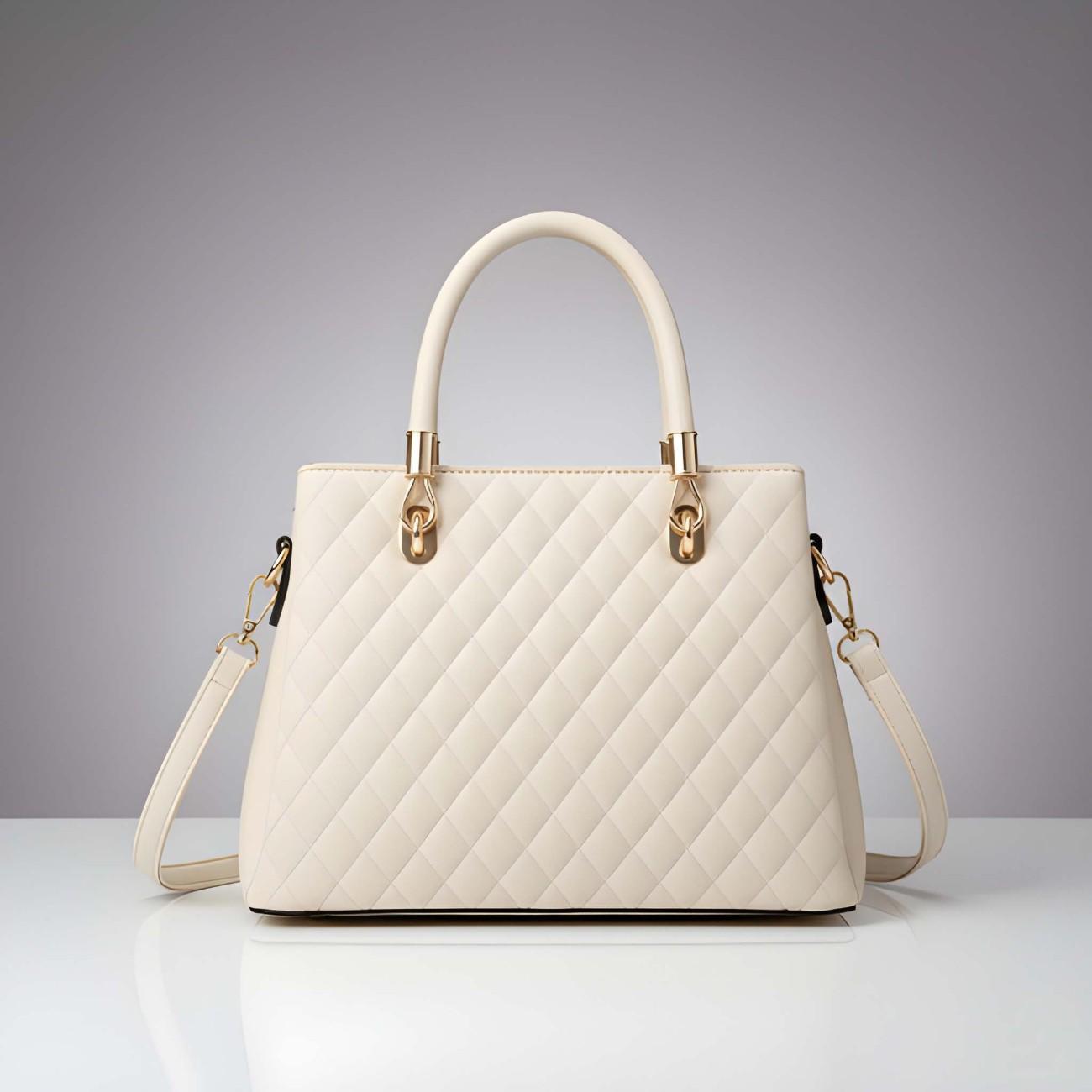 White quilted handbag with gold accents on a gray background