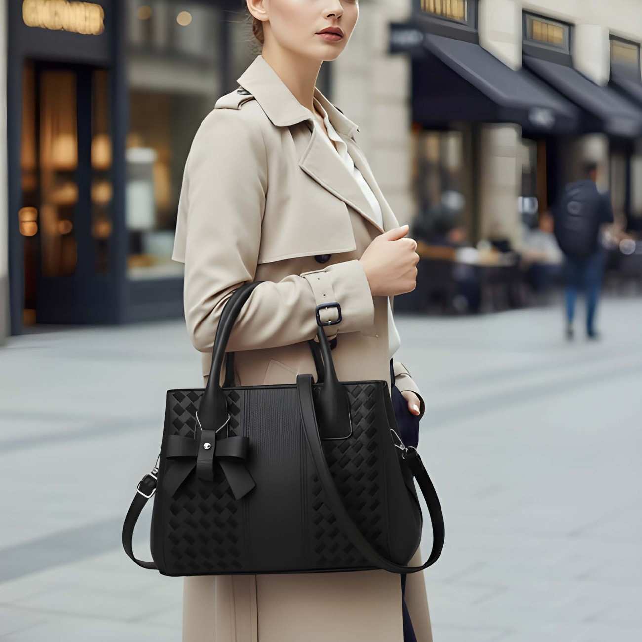 Woman holding a black handbag with a bow on a city street