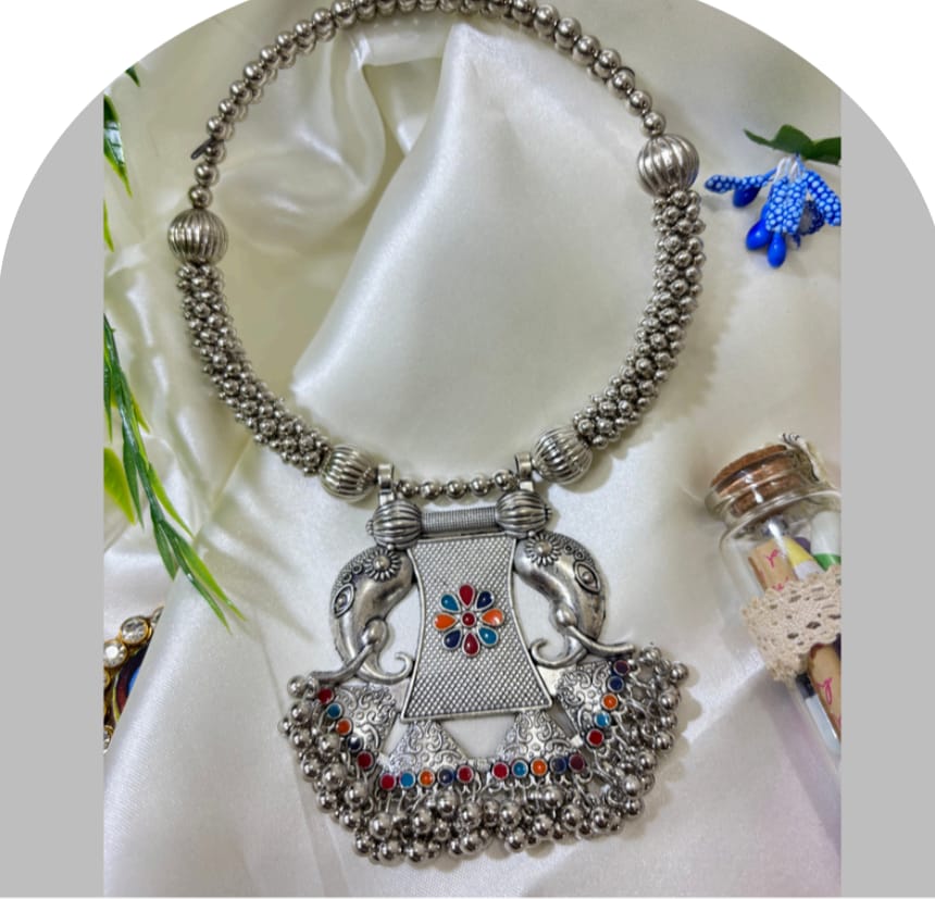 Oxidized Silver-Plated Elephant Design Statement Necklace With Colorful Beads Dhrish International