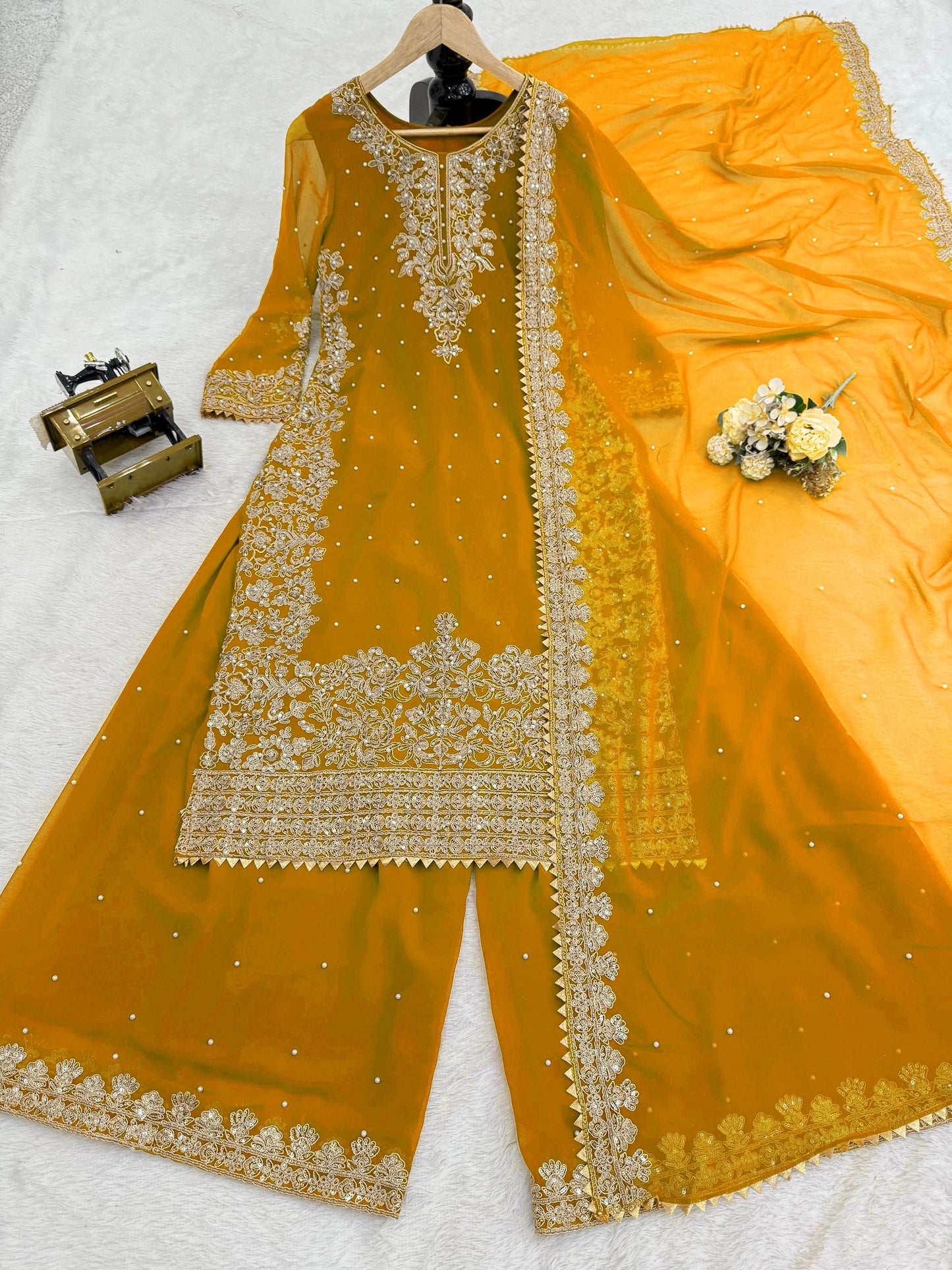 3 Piece Kurti Set with Heavy Rivet moti work