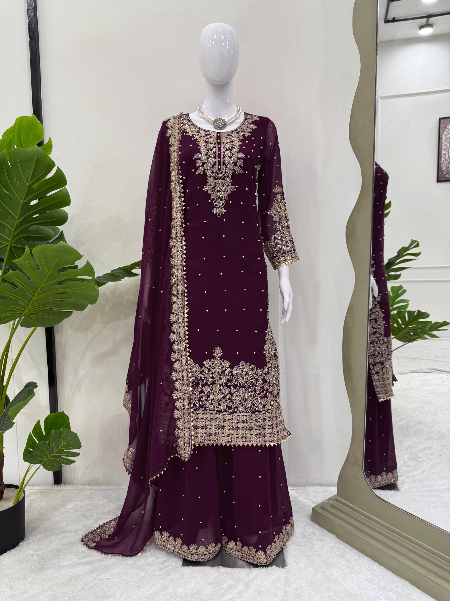 3 Piece Kurti Set with Heavy Rivet moti work