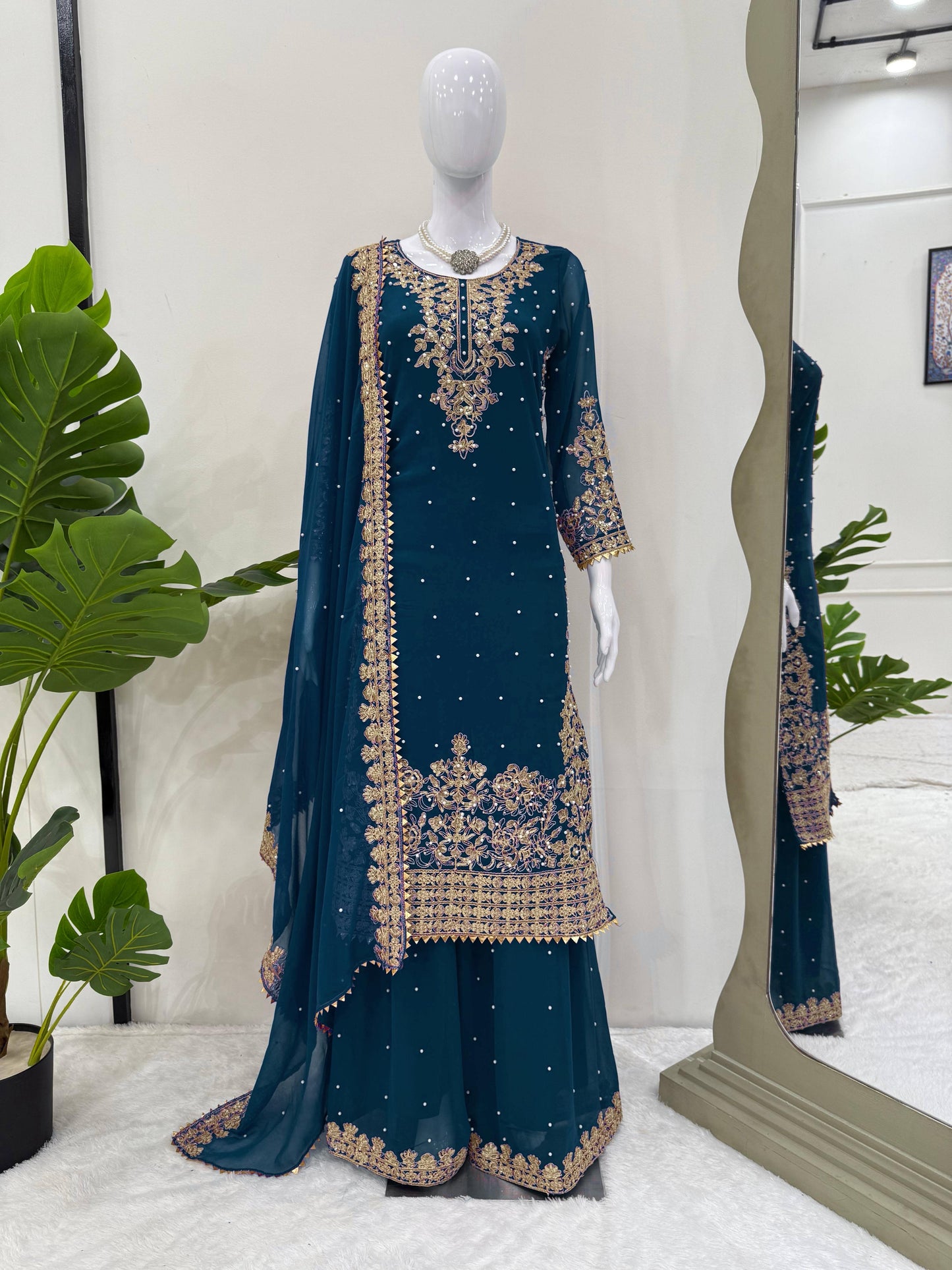 3 Piece Kurti Set with Heavy Rivet moti work
