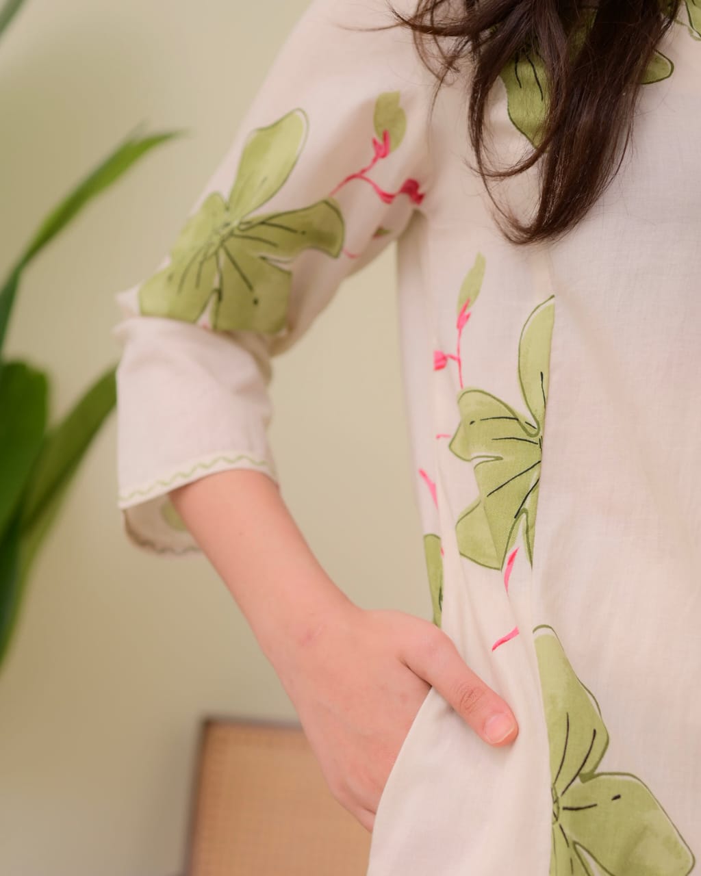 Cream Green Floral Rayon Kurta Pant Set