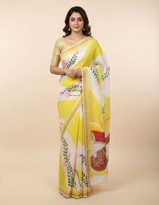 Kerala cotton hand painted saree traditional ethnic wear with blouse