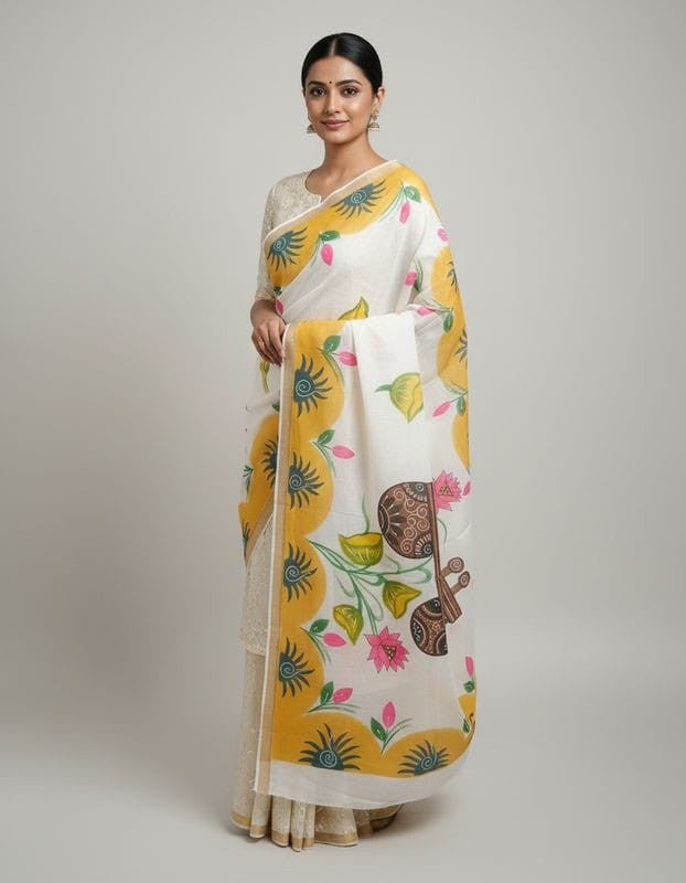 Kerala cotton hand painted saree traditional ethnic wear with blouse