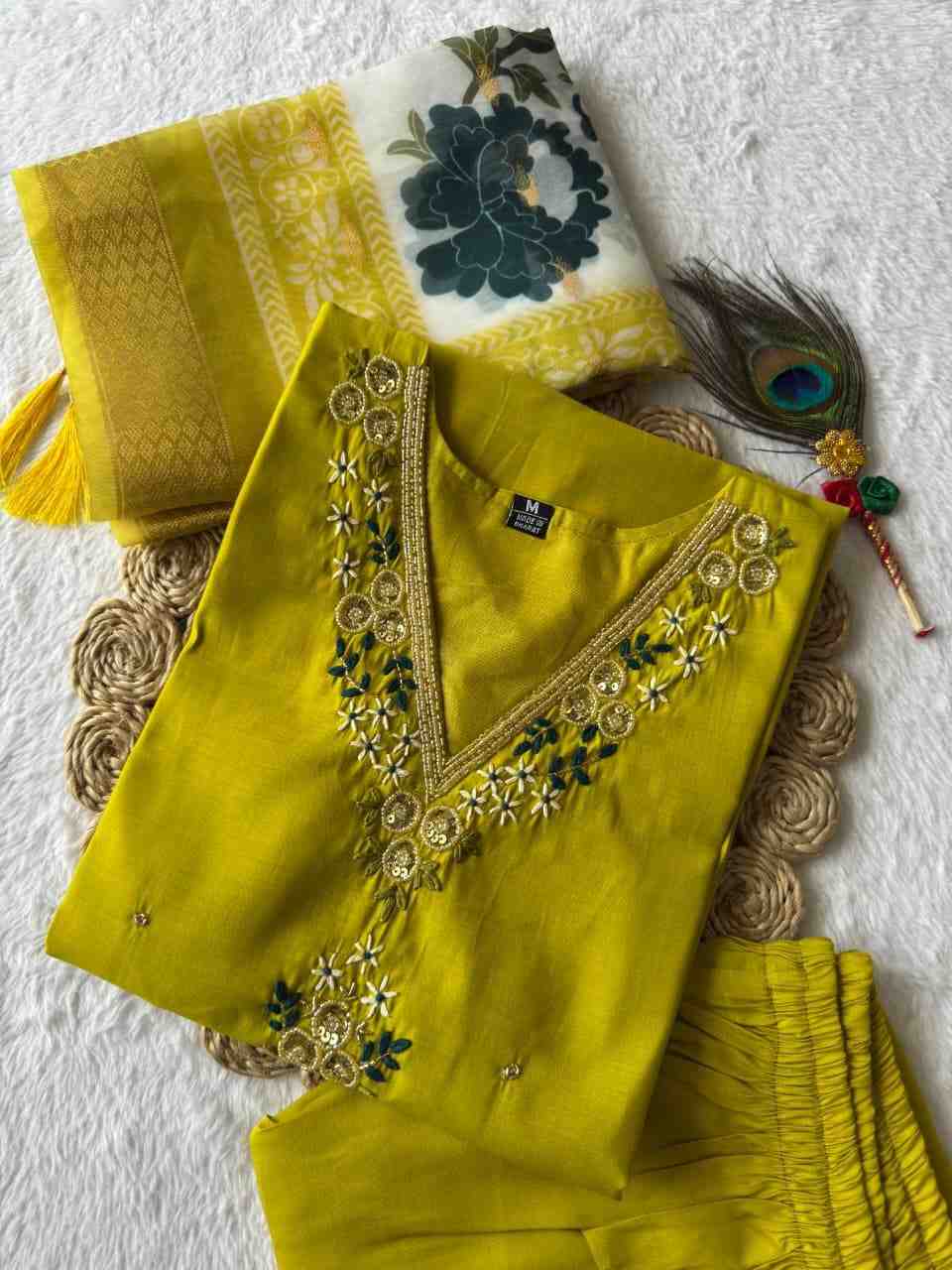 Designer Roman Silk Kurti Pant Dupatta Set with Hand Work | Parrot Colour