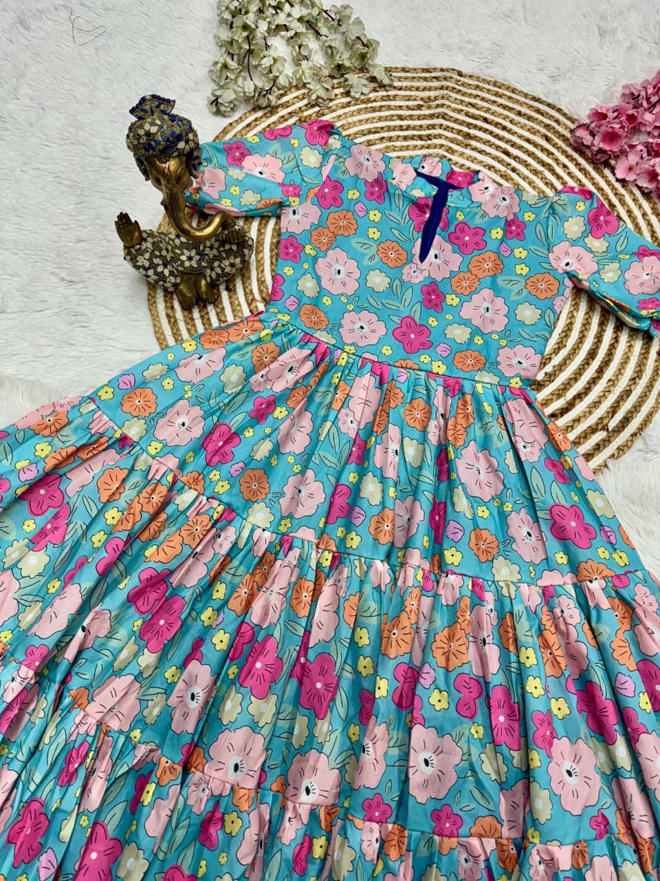 Colorful floral dress with a decorative comb on a light background