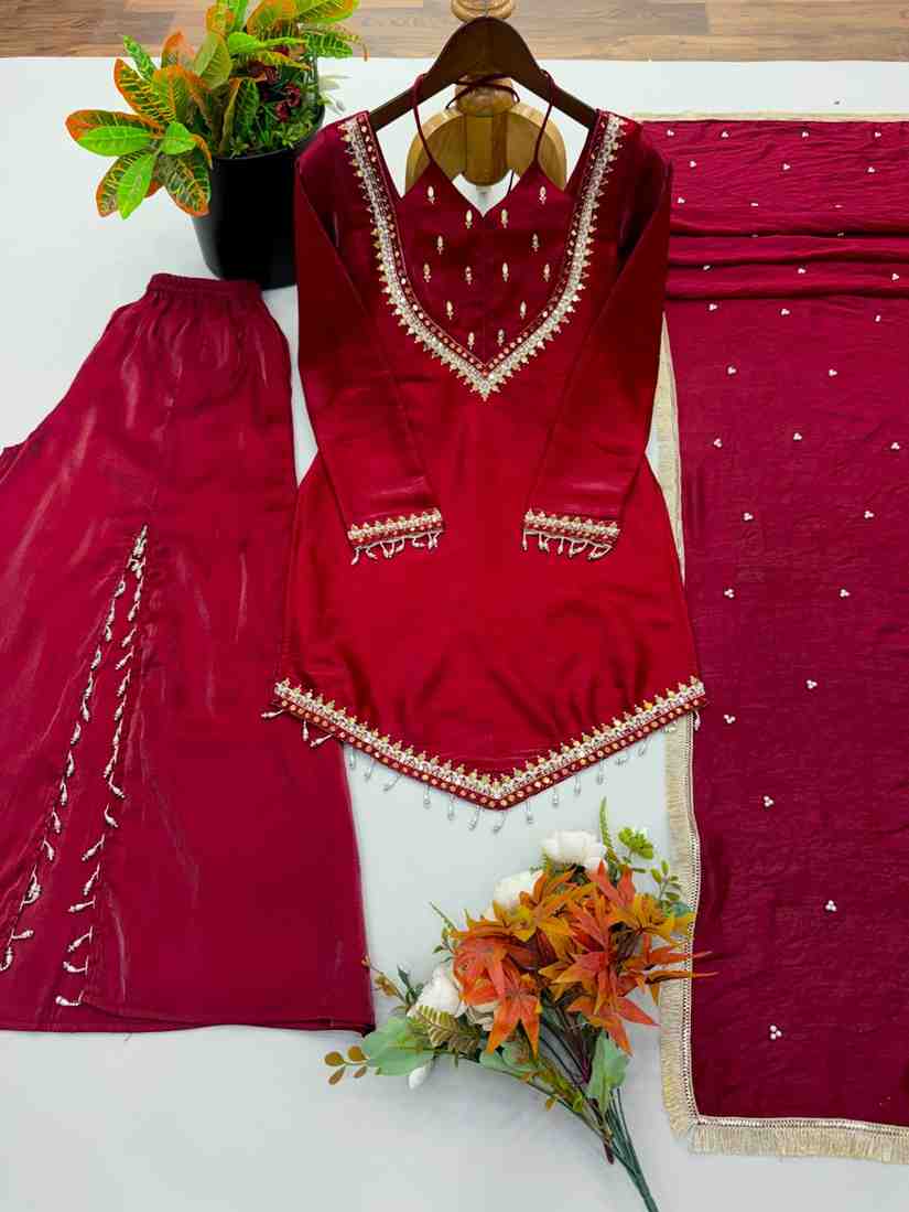Maroon mirror work kurti palazzo set with dupatta for women