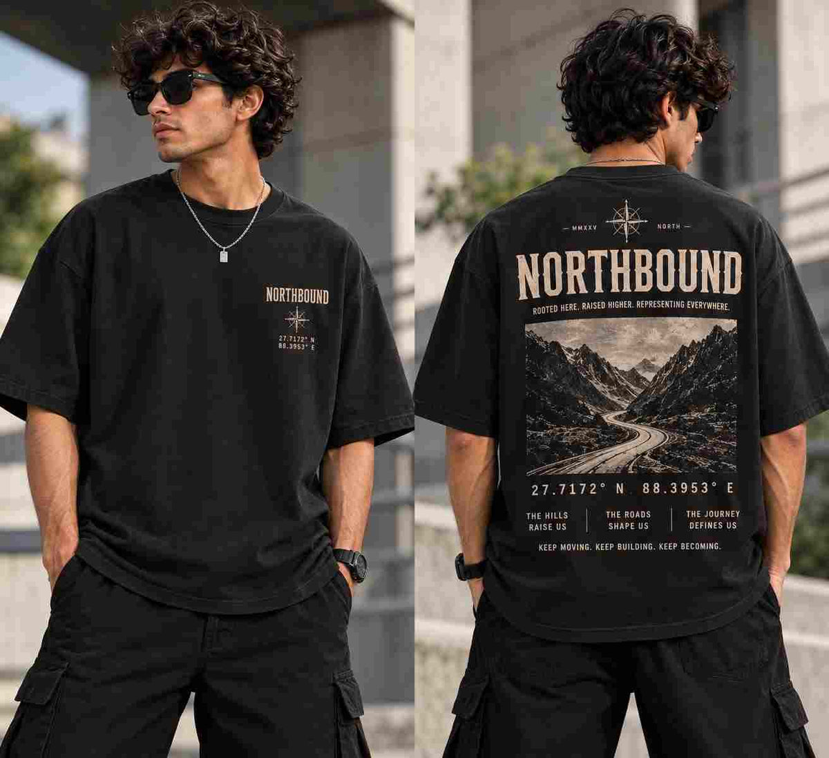 Front and back view of a black heavyweight oversized t-shirt with Northbound landscape back graphic.