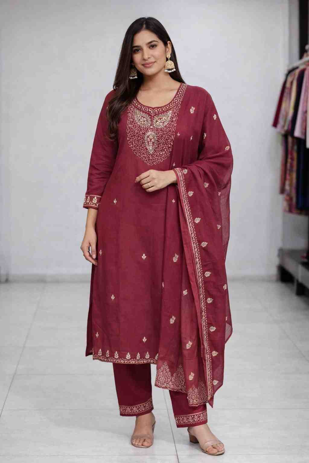 Women’s Maroon Zari Embroidered Straight Kurta with Pants and Dupatta - indiya Se