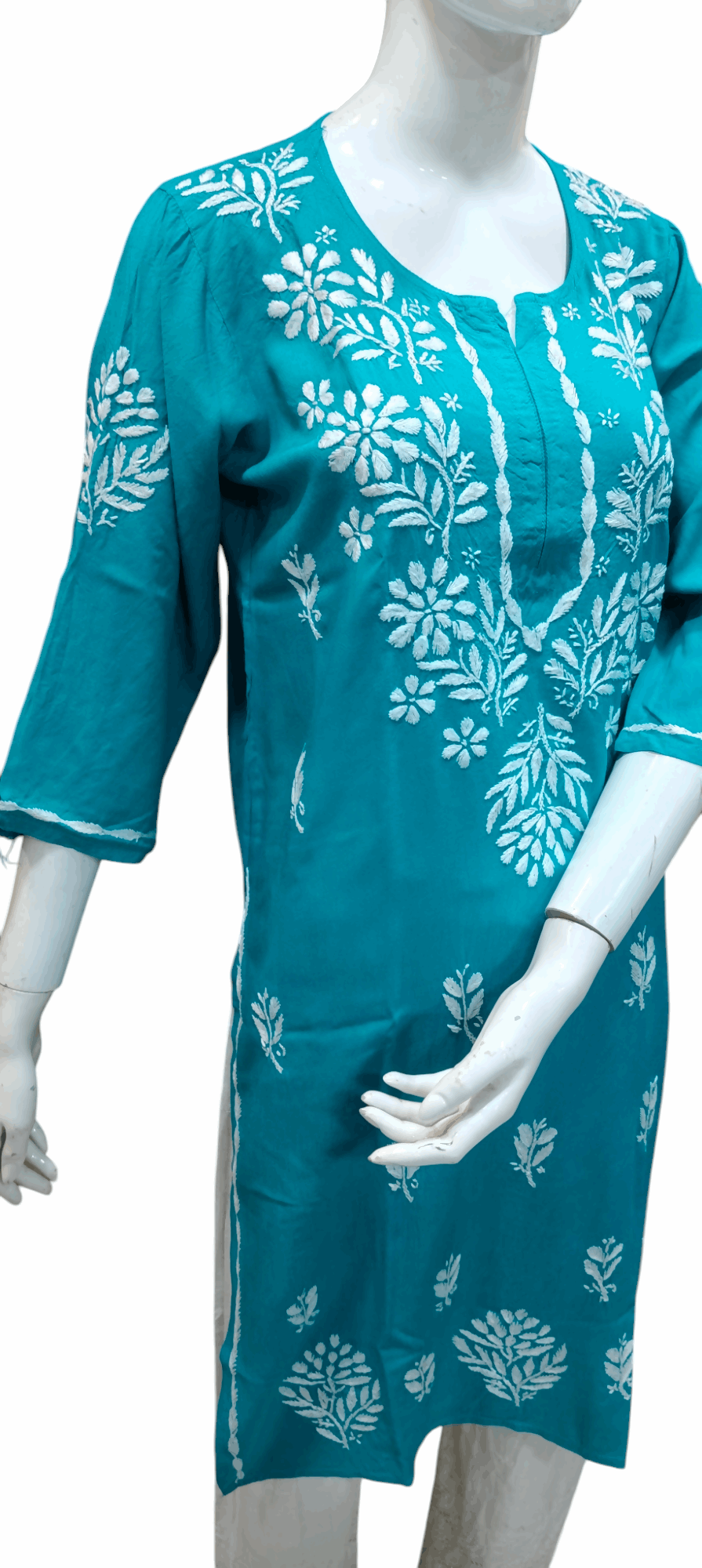 Blue Rayon Chikankari Embroidered Kurta for Women