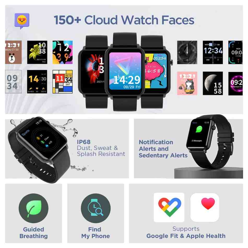 Smartwatch with various display faces and features on a white background