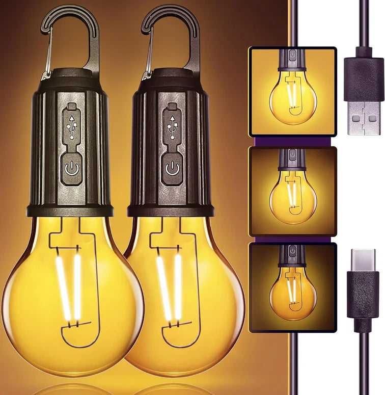 USB Rechargeable LED Bulb with Carabiner Hook 3 Light Modes USB Type C Charging (Pack of 2) LA FORTE