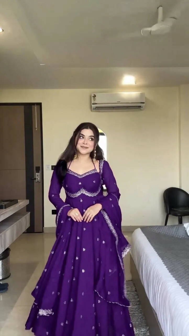 Designer faux georgette anarkali gown set with pant and dupatta embroidered ethnic wear