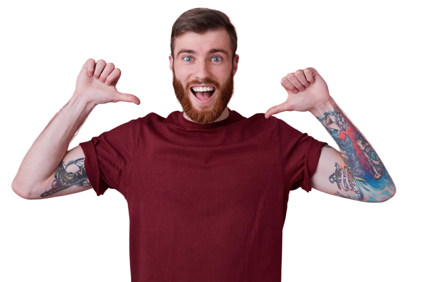 Man with tattoos on arms making a hand gesture against a pink background