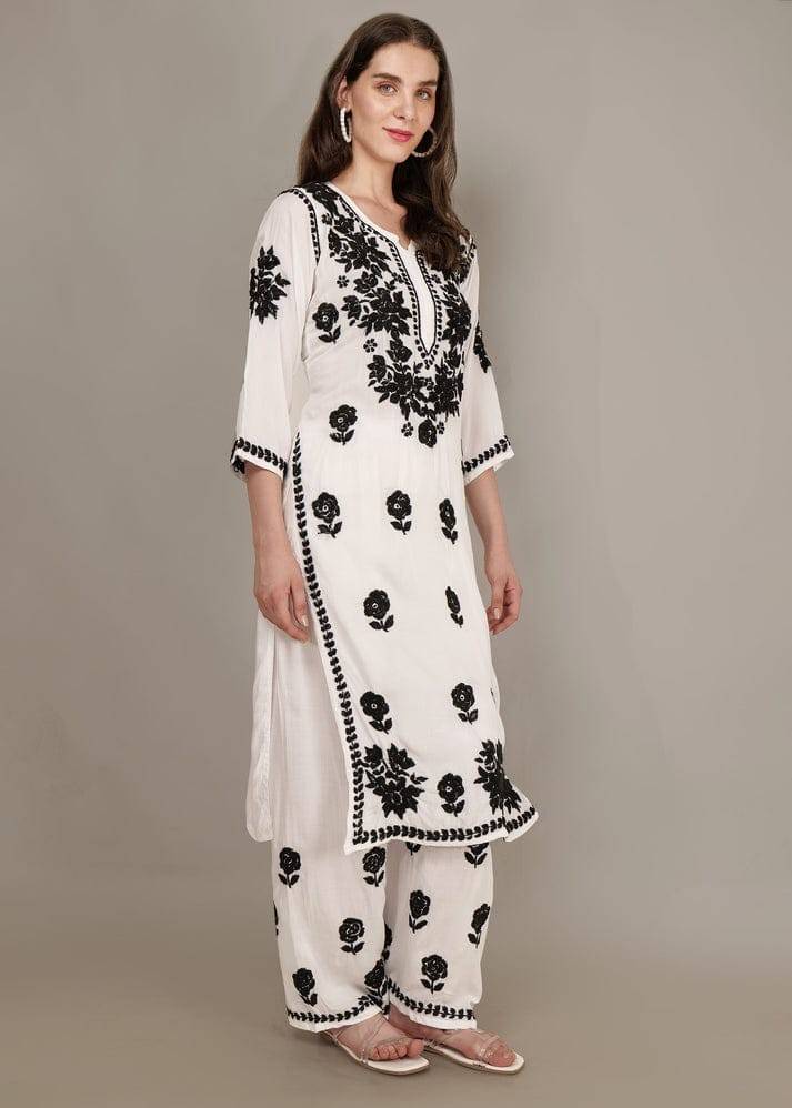 Traditional white black embroidered kurta palazzo set women