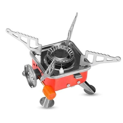 Portable camping stove with red base and silver top on a white background