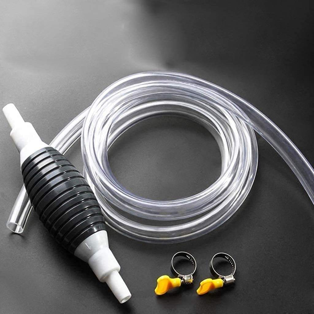 Clear hose with black and white pump and three connectors on a dark surface