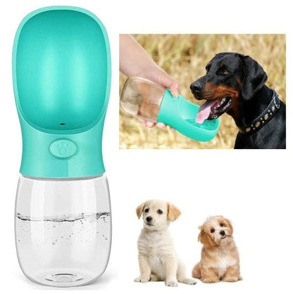 Turquoise pet water bottle with inset images of a dog drinking from it and two dogs sitting together.